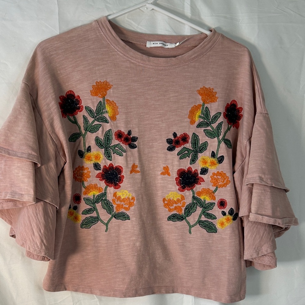 Blu Pepper Dusty Rose‎ Embroidered Floral Cotton Layered Sleeve Top Size Small